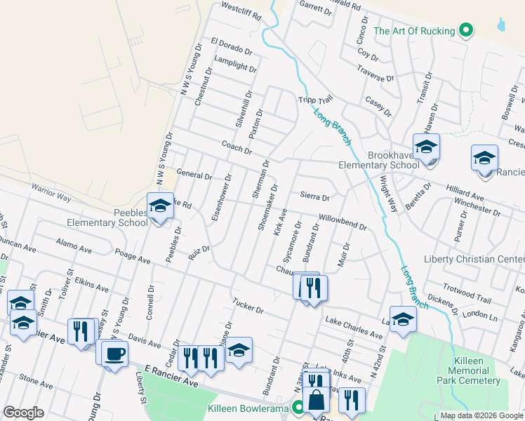 map of restaurants, bars, coffee shops, grocery stores, and more near 1906 Shoemaker Drive in Killeen