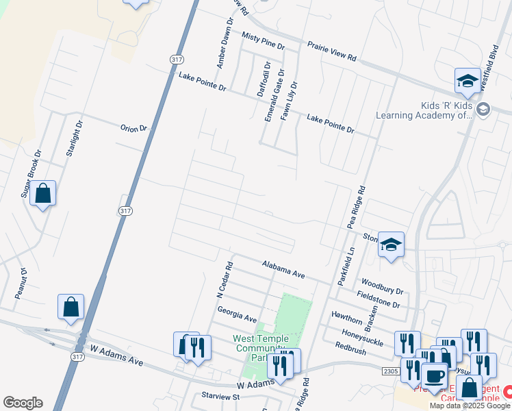 map of restaurants, bars, coffee shops, grocery stores, and more near 914 North Pea Ridge Road in Temple