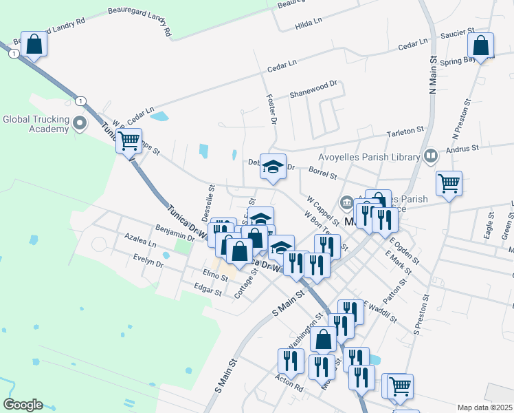 map of restaurants, bars, coffee shops, grocery stores, and more near 251-489 West Bon Temps Street in Marksville