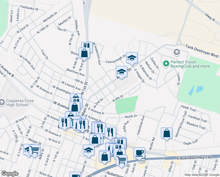 map of restaurants, bars, coffee shops, grocery stores, and more near 101 East Halstead Avenue in Copperas Cove