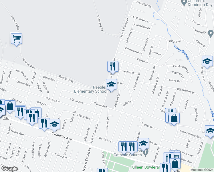 map of restaurants, bars, coffee shops, grocery stores, and more near 1901 North West South Young Drive in Killeen