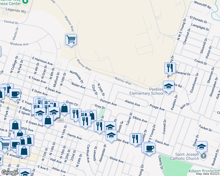 map of restaurants, bars, coffee shops, grocery stores, and more near 1305 White Avenue in Killeen