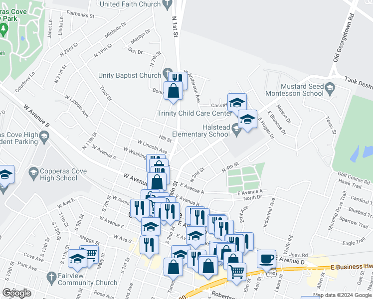 map of restaurants, bars, coffee shops, grocery stores, and more near 104 West Truman Avenue in Copperas Cove