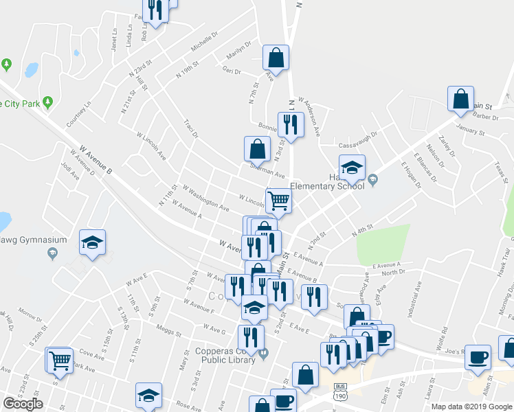map of restaurants, bars, coffee shops, grocery stores, and more near 301 West Lincoln Avenue in Copperas Cove