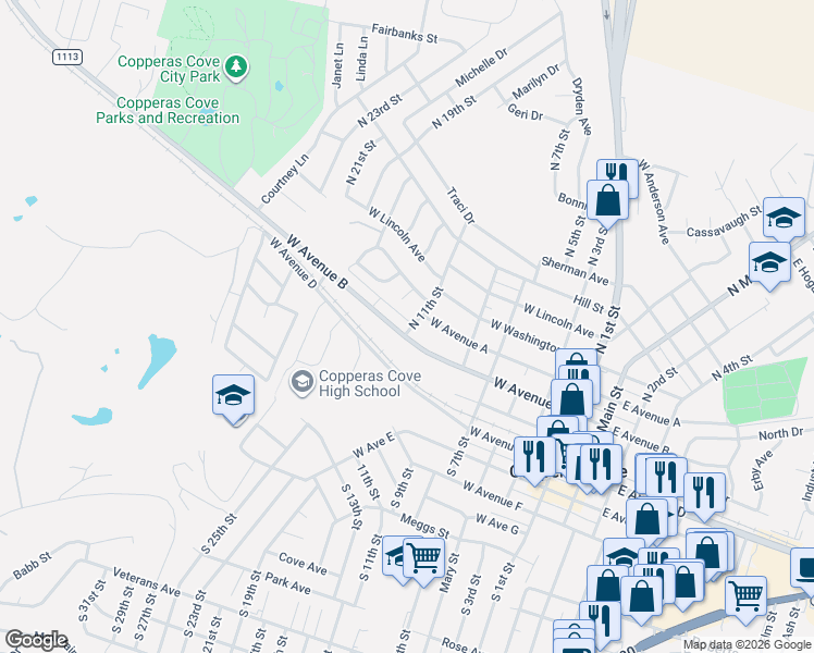 map of restaurants, bars, coffee shops, grocery stores, and more near 305 Dora Court in Copperas Cove