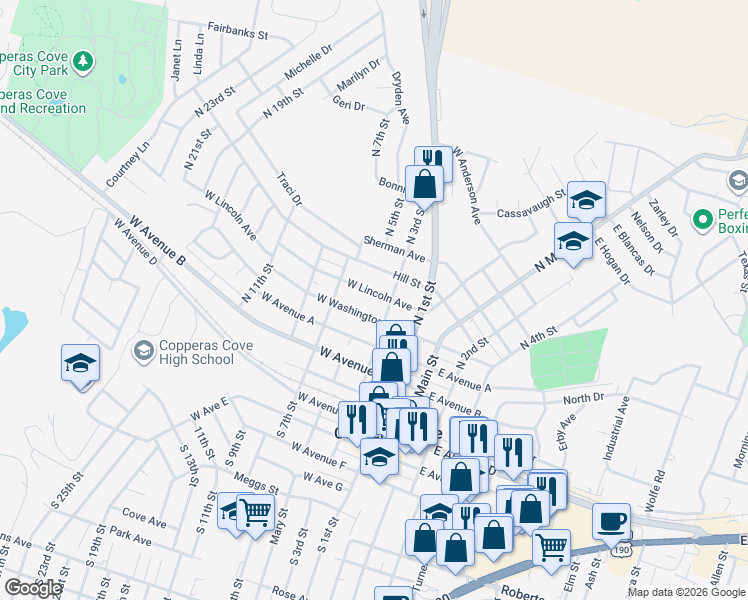 map of restaurants, bars, coffee shops, grocery stores, and more near 306 West Lincoln Avenue in Copperas Cove