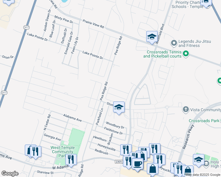 map of restaurants, bars, coffee shops, grocery stores, and more near 901 North Pea Ridge Road in Temple