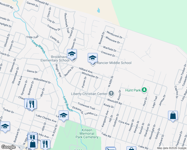 map of restaurants, bars, coffee shops, grocery stores, and more near 3701 Winchester Drive in Killeen