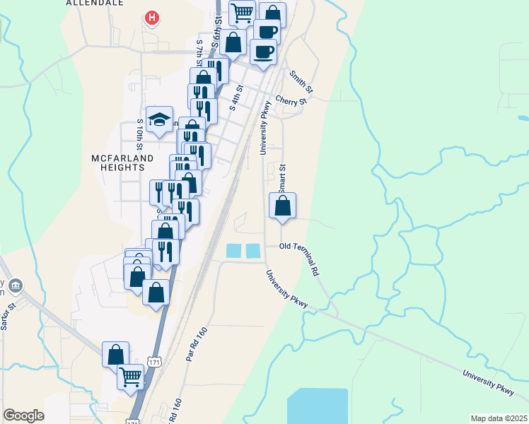 map of restaurants, bars, coffee shops, grocery stores, and more near 1407 University Parkway in Leesville