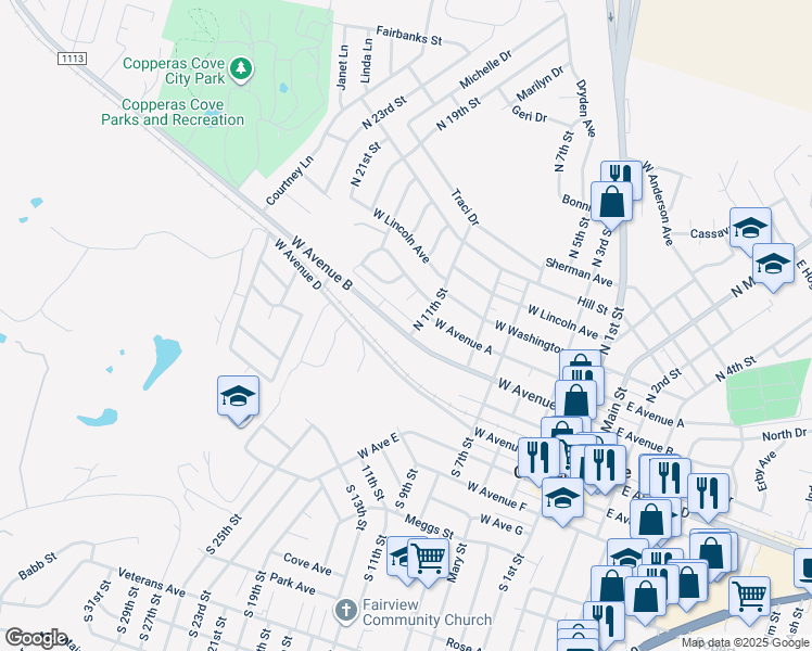 map of restaurants, bars, coffee shops, grocery stores, and more near 706 West Avenue B in Copperas Cove
