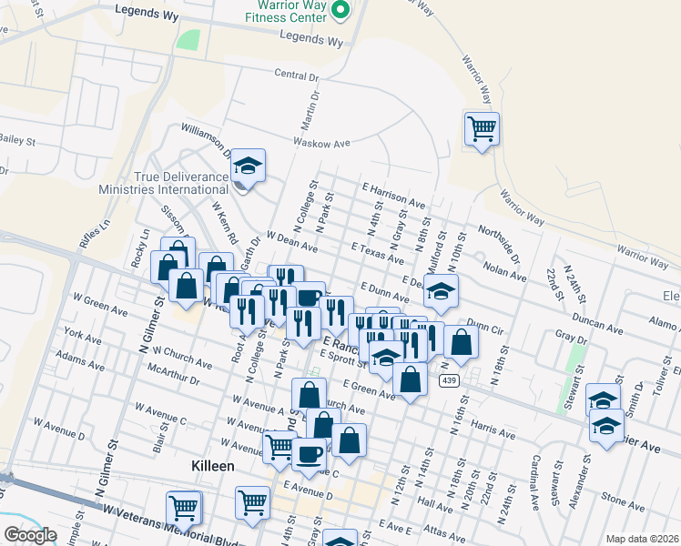 map of restaurants, bars, coffee shops, grocery stores, and more near 109 East Dean Avenue in Killeen
