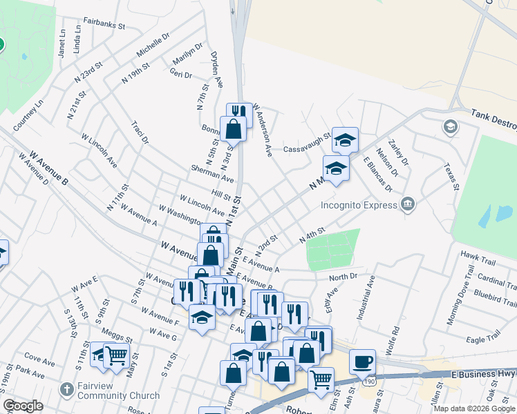map of restaurants, bars, coffee shops, grocery stores, and more near 204 West Truman Avenue in Copperas Cove