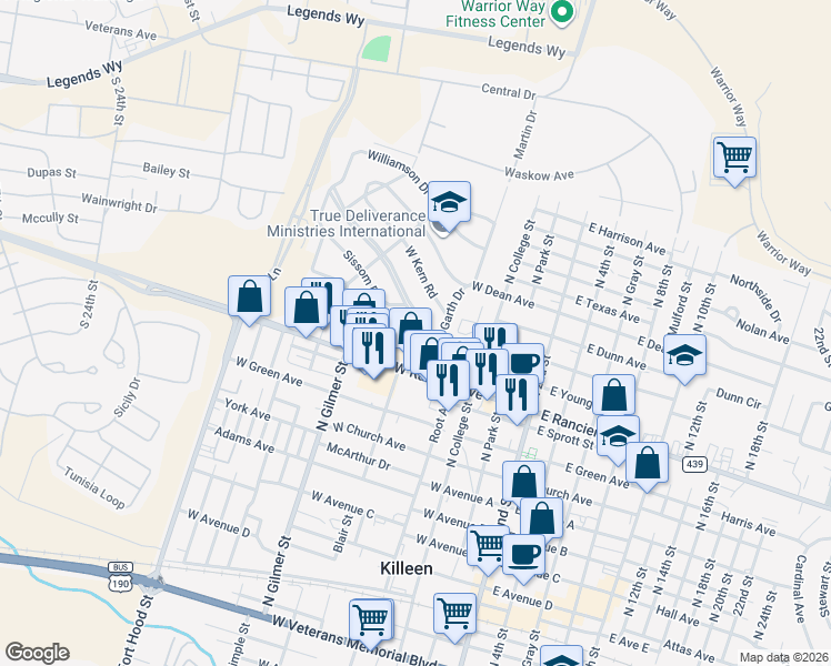 map of restaurants, bars, coffee shops, grocery stores, and more near 517 Valley Road in Killeen