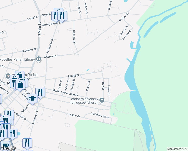 map of restaurants, bars, coffee shops, grocery stores, and more near 633-849 Laurel Street in Marksville