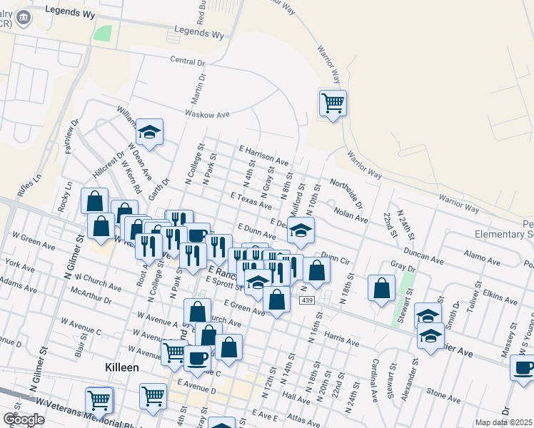 map of restaurants, bars, coffee shops, grocery stores, and more near 209E East Dean Avenue in Killeen