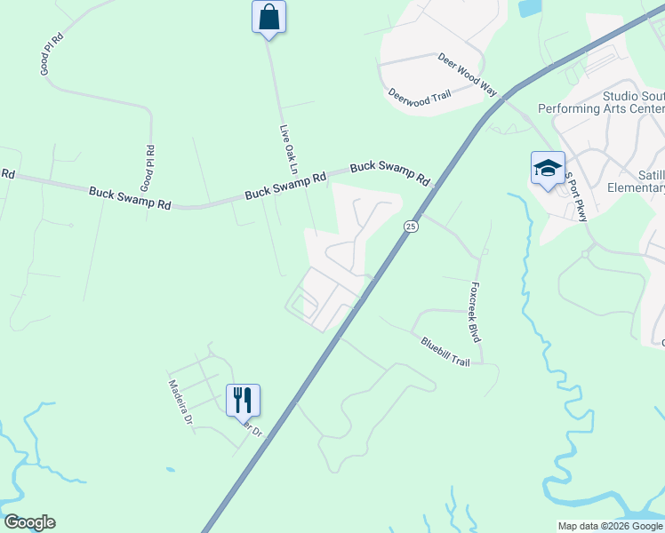 map of restaurants, bars, coffee shops, grocery stores, and more near 134 Satilla Sands Drive in Brunswick