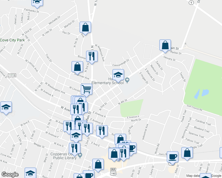 map of restaurants, bars, coffee shops, grocery stores, and more near 105 West Halstead Avenue in Copperas Cove