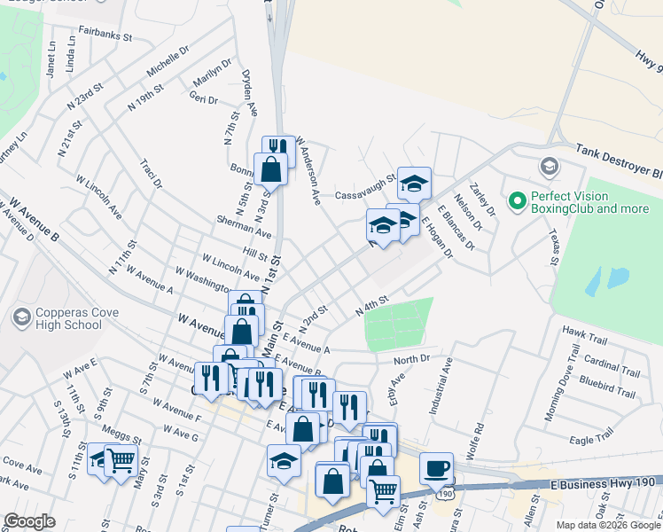 map of restaurants, bars, coffee shops, grocery stores, and more near 105 West Halstead Avenue in Copperas Cove