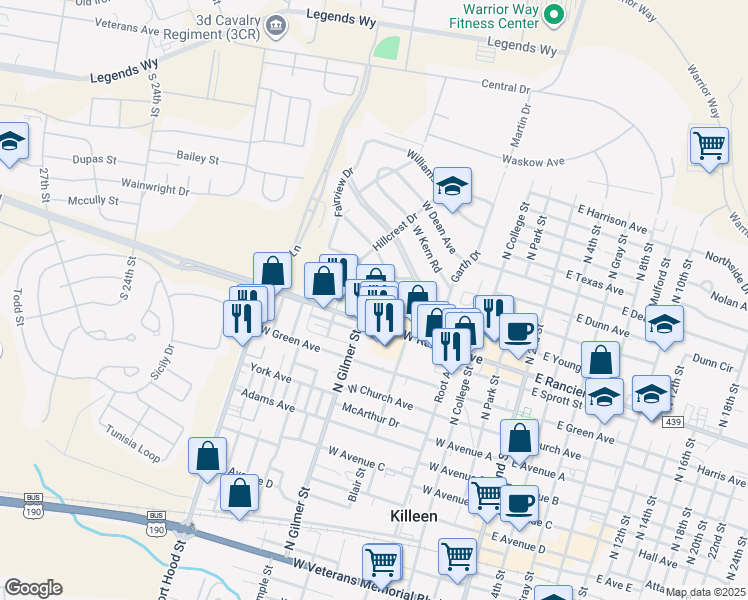 map of restaurants, bars, coffee shops, grocery stores, and more near 1104 Coffield Street in Killeen