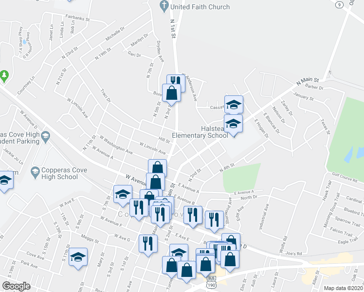 map of restaurants, bars, coffee shops, grocery stores, and more near 204 West Truman Avenue in Copperas Cove