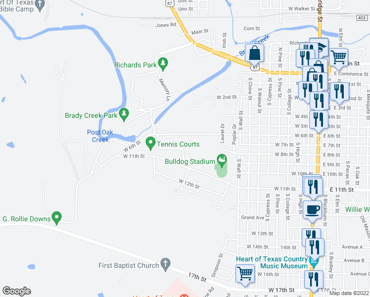 map of restaurants, bars, coffee shops, grocery stores, and more near 119 Parkview Drive in Brady