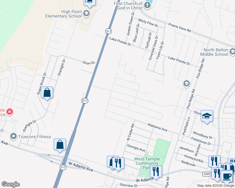 map of restaurants, bars, coffee shops, grocery stores, and more near 8910 Sky Crest Drive in Temple