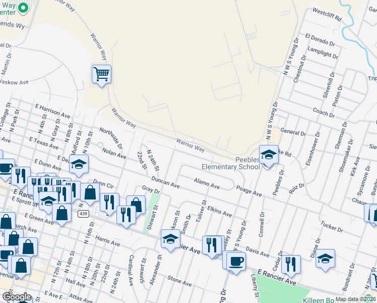 map of restaurants, bars, coffee shops, grocery stores, and more near 1505 White Avenue in Killeen