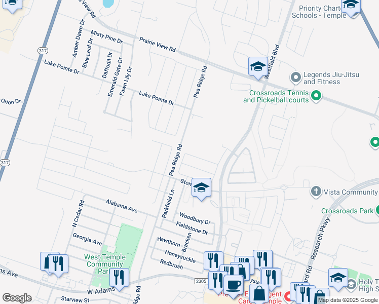 map of restaurants, bars, coffee shops, grocery stores, and more near 1211 N Pea Ridge Rd in Temple