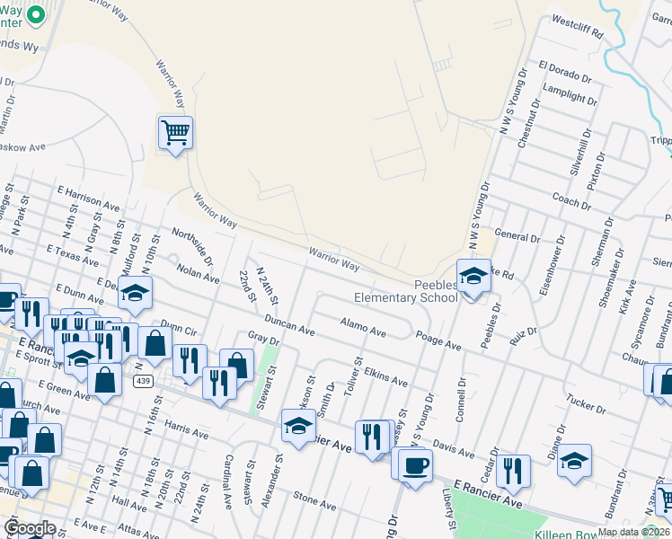 map of restaurants, bars, coffee shops, grocery stores, and more near 1505 White Avenue in Killeen