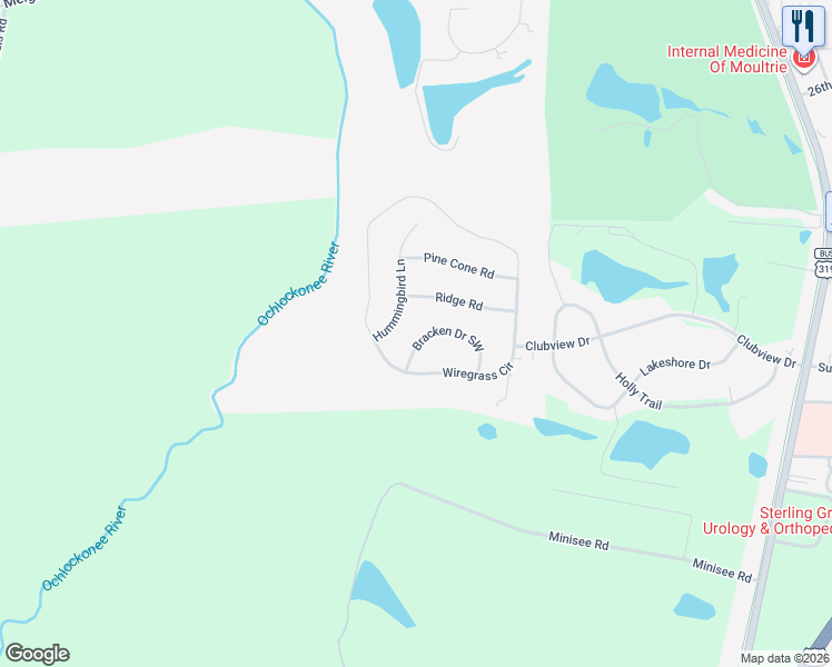 map of restaurants, bars, coffee shops, grocery stores, and more near 19 Bracken Drive Southwest in Moultrie