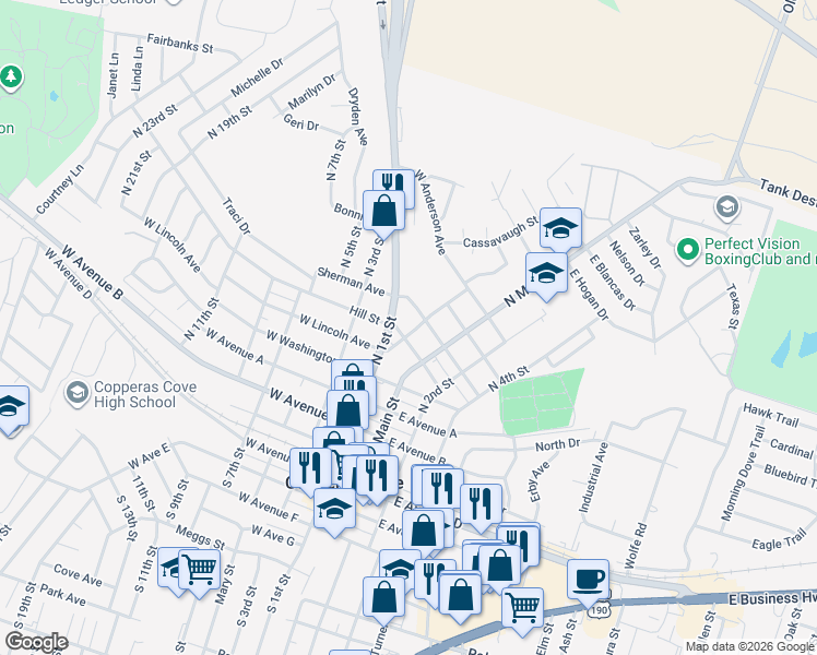 map of restaurants, bars, coffee shops, grocery stores, and more near 202 West Truman Avenue in Copperas Cove