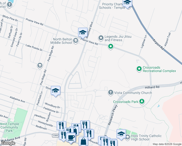 map of restaurants, bars, coffee shops, grocery stores, and more near 4702 Highmont Drive in Temple