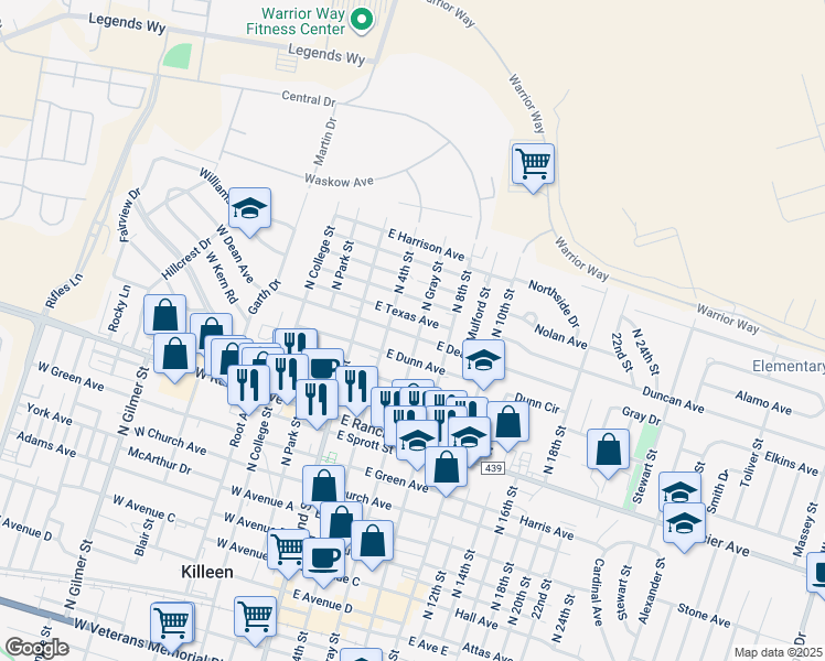 map of restaurants, bars, coffee shops, grocery stores, and more near 209E East Dean Avenue in Killeen