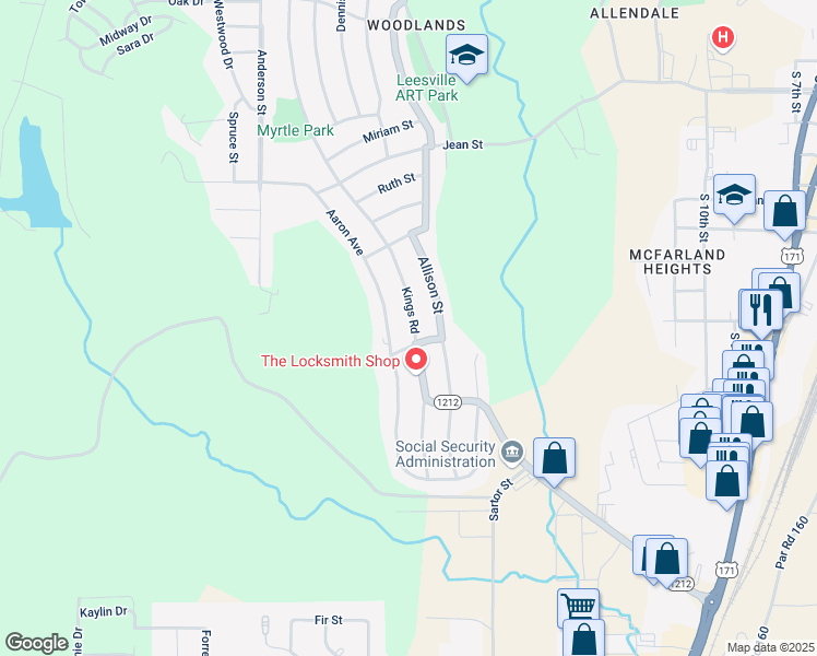 map of restaurants, bars, coffee shops, grocery stores, and more near 1705 Aaron Avenue in Leesville