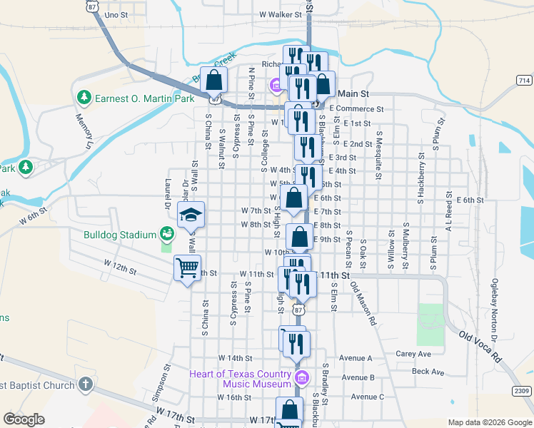 map of restaurants, bars, coffee shops, grocery stores, and more near 307 West 7th Street in Brady