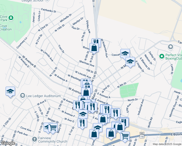 map of restaurants, bars, coffee shops, grocery stores, and more near 201 Hill Street in Copperas Cove