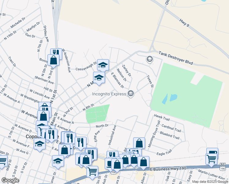map of restaurants, bars, coffee shops, grocery stores, and more near 202 East Hogan Drive in Copperas Cove