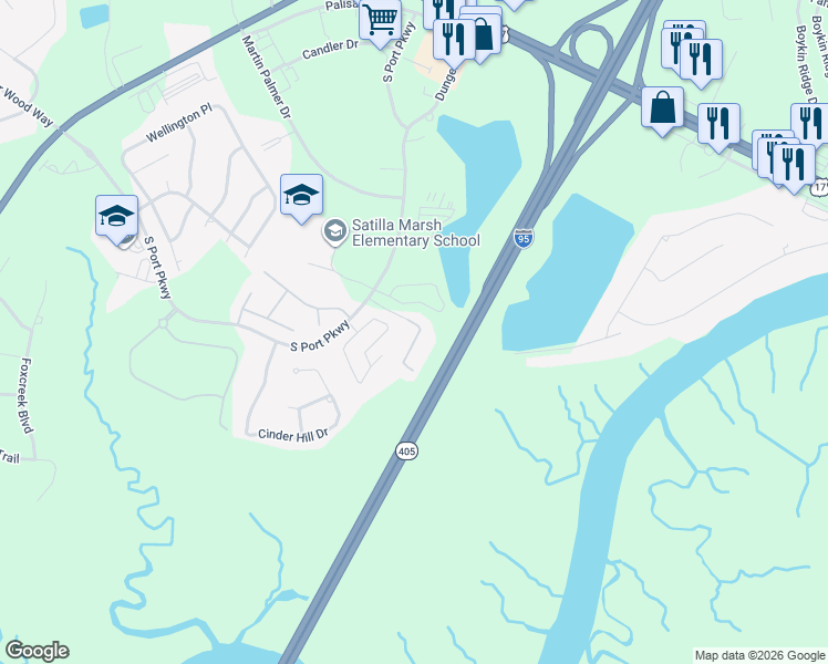 map of restaurants, bars, coffee shops, grocery stores, and more near 391 South Port Parkway in Brunswick