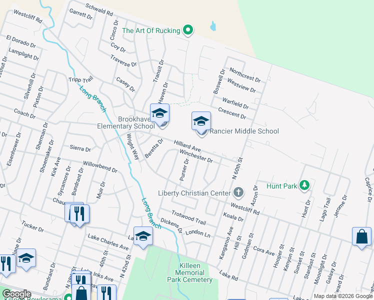 map of restaurants, bars, coffee shops, grocery stores, and more near 3507 Winchester Drive in Killeen