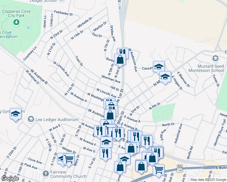 map of restaurants, bars, coffee shops, grocery stores, and more near 201 Hill Street in Copperas Cove