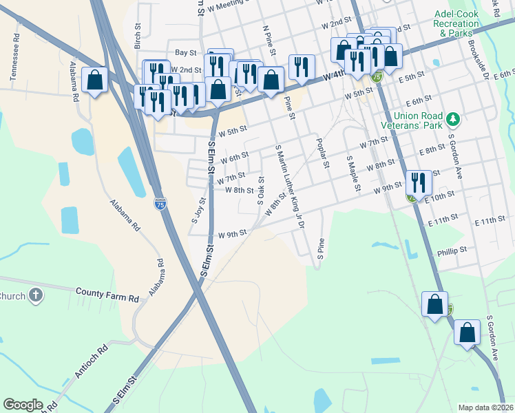 map of restaurants, bars, coffee shops, grocery stores, and more near 506 South Oak Street in Adel