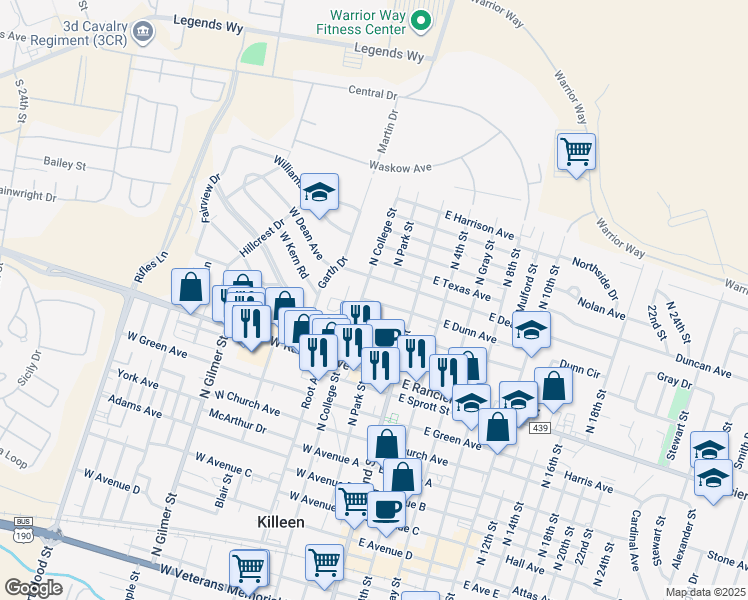 map of restaurants, bars, coffee shops, grocery stores, and more near 209 West Dunn Avenue in Killeen
