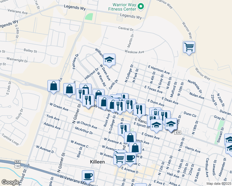 map of restaurants, bars, coffee shops, grocery stores, and more near 1201 North College Street in Killeen