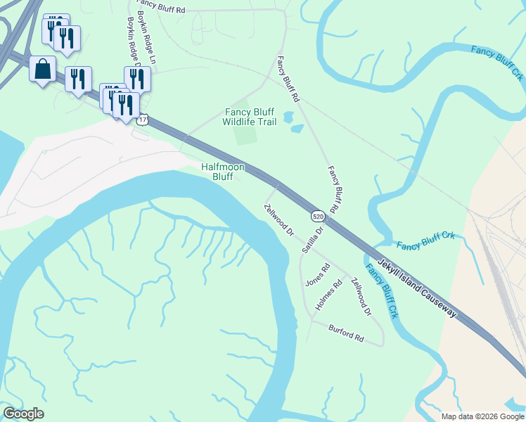 map of restaurants, bars, coffee shops, grocery stores, and more near 112 Zellwood Drive in Brunswick