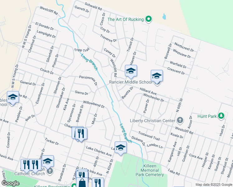map of restaurants, bars, coffee shops, grocery stores, and more near 2012 Wright Way in Killeen