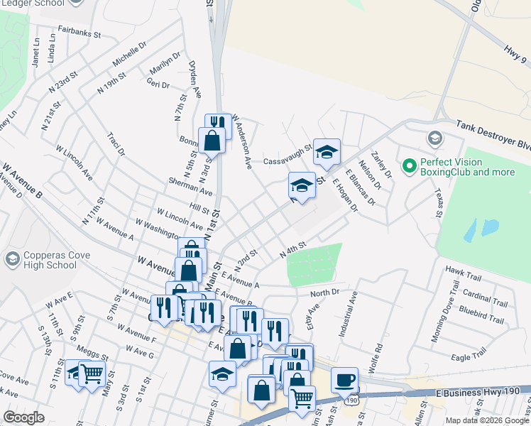 map of restaurants, bars, coffee shops, grocery stores, and more near 105 West Halstead Avenue in Copperas Cove