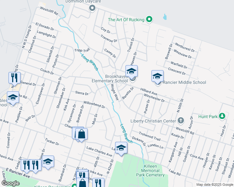 map of restaurants, bars, coffee shops, grocery stores, and more near 2012 Wright Way in Killeen