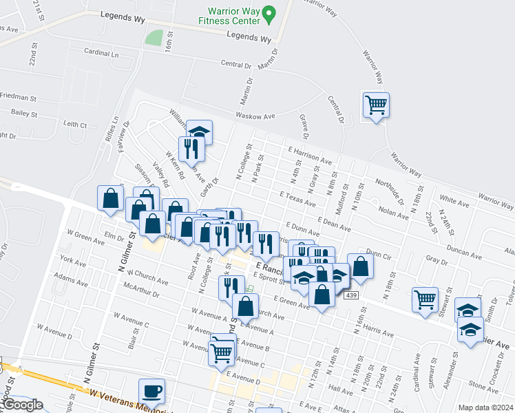 map of restaurants, bars, coffee shops, grocery stores, and more near 1305 North 2nd Street in Killeen