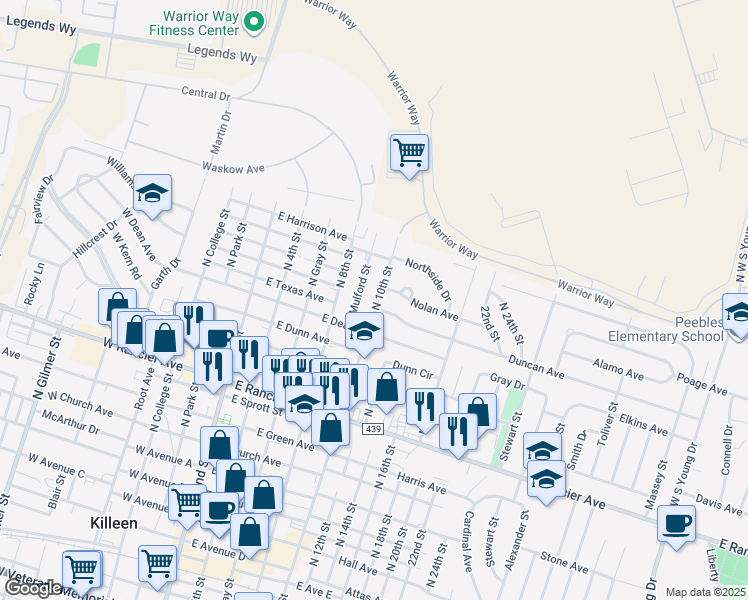 map of restaurants, bars, coffee shops, grocery stores, and more near 1605 North 10th Street in Killeen