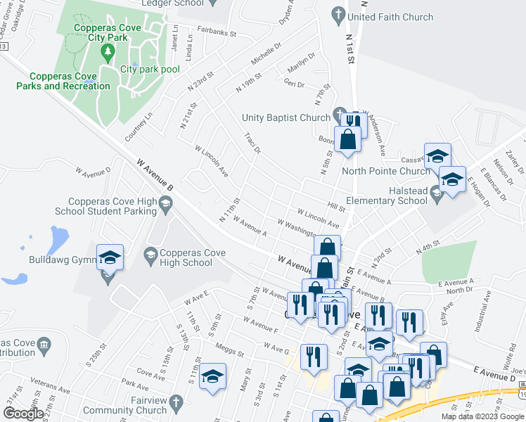 map of restaurants, bars, coffee shops, grocery stores, and more near 602 West Washington Avenue in Copperas Cove